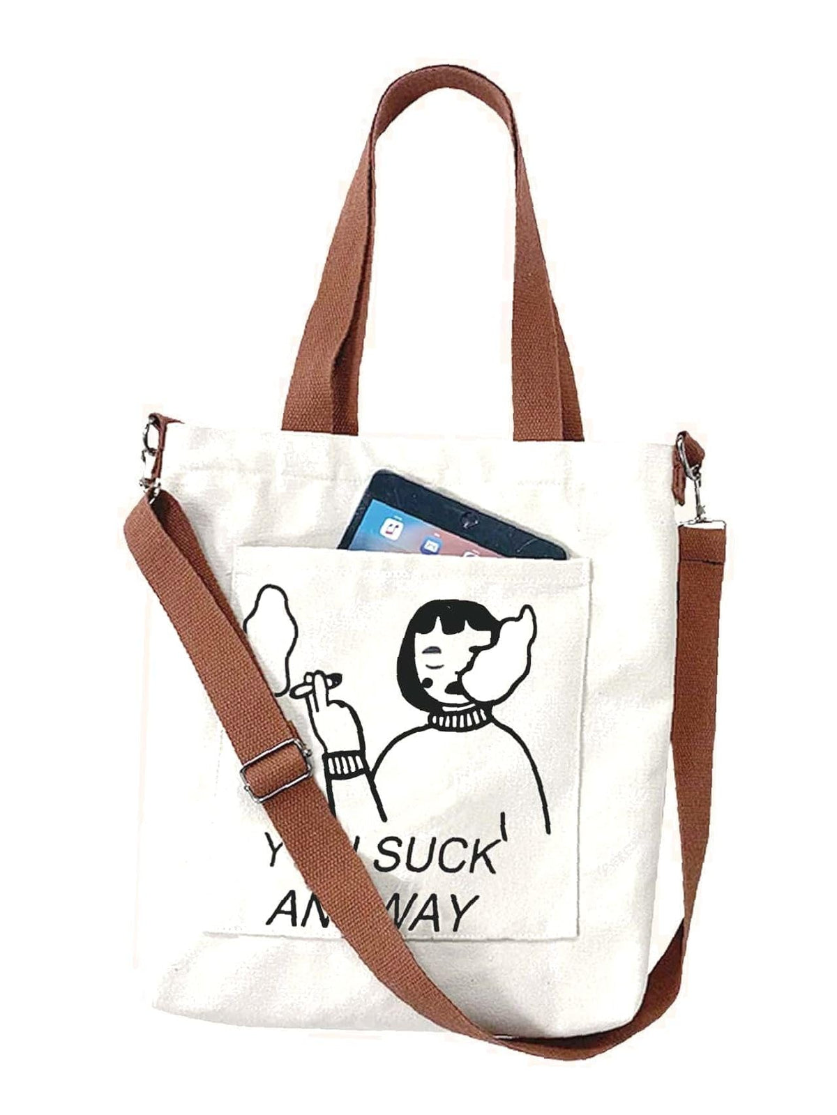 Aurbuy Cotton Tote Bags for Women, College Bag for girls With Inner & Outer Pockets, Utility Tote bags for Shopping, Travel & Daily use (Bag-Cream-Print-Girl-with-Cigar)