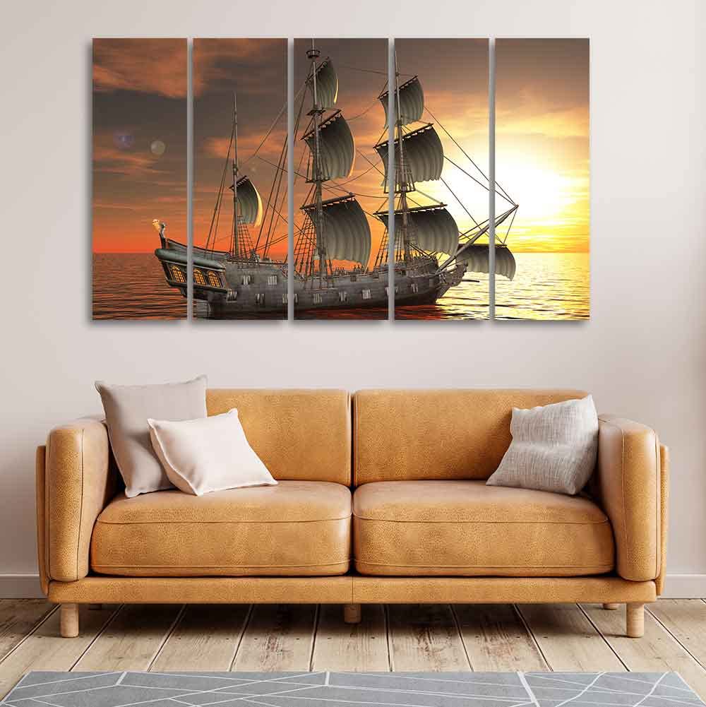 VIBECRAFTS Ship In The Sea 5 Pieces Canvas Wall Painting For Home | Office | Living Room | Gift (PTVC5Pcs4_8513)