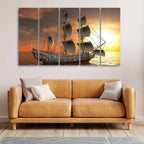 VIBECRAFTS Ship In The Sea 5 Pieces Canvas Wall Painting For Home | Office | Living Room | Gift (PTVC5Pcs4_8513)