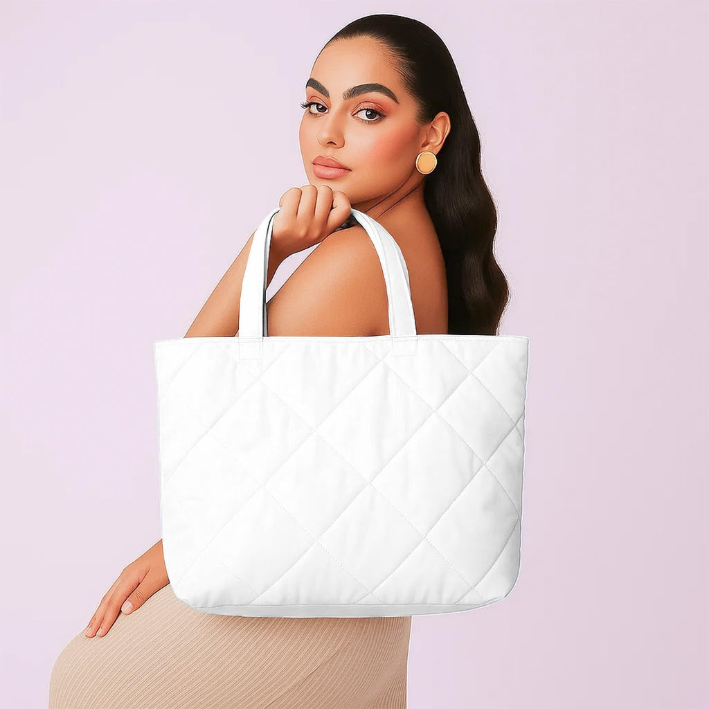 mahaveer cotton Quilted Waterproof Tote Bag | 15x15 Inch Large Shopping & Grocery Tote | Open-Top Classic Carry Bag for Daily Use | Multi-Purpose Reusable Handbag for Women, White