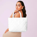 mahaveer cotton Quilted Waterproof Tote Bag | 15x15 Inch Large Shopping & Grocery Tote | Open-Top Classic Carry Bag for Daily Use | Multi-Purpose Reusable Handbag for Women, White