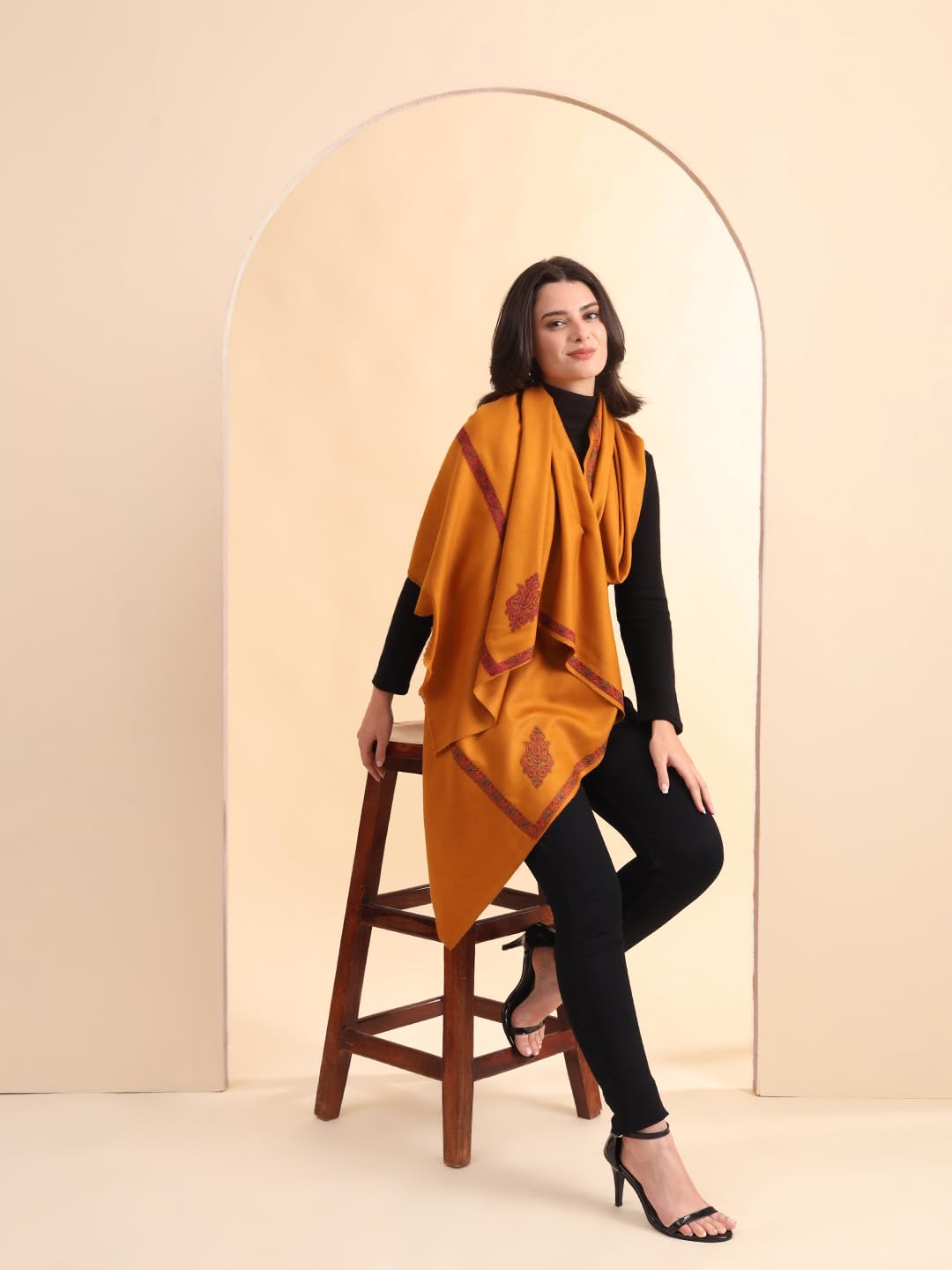 Zamour Kashmiri Pashmina Style Fine Kingri Embroidery Woollen Shawls for Winter (Mustard)