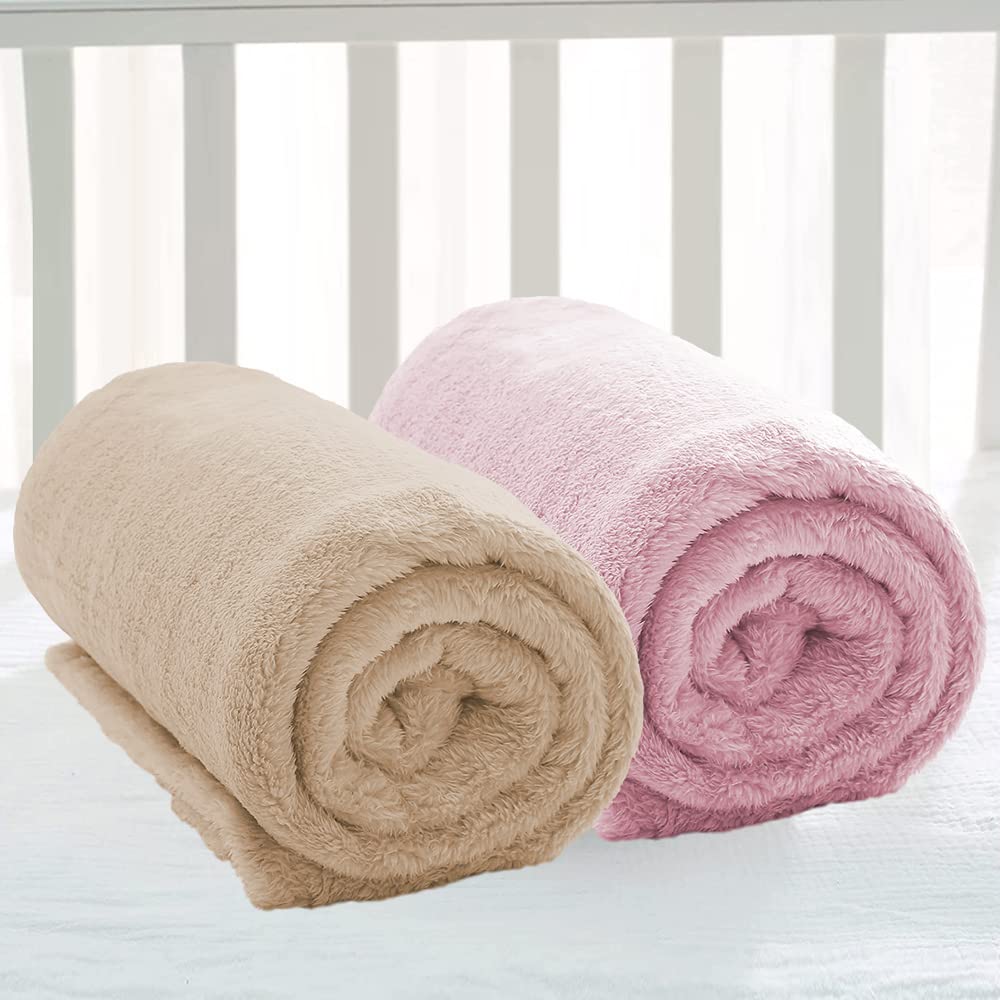 A Brand New - Umi Super Soft Single Layered Flannel Baby Blanket - Pink & Beige | Cozy & Breathable | Warm, Soft, and Comfortable | Perfect for Newborns | Unisex Design for Boys & Girls (Pack of 2) Kafalo