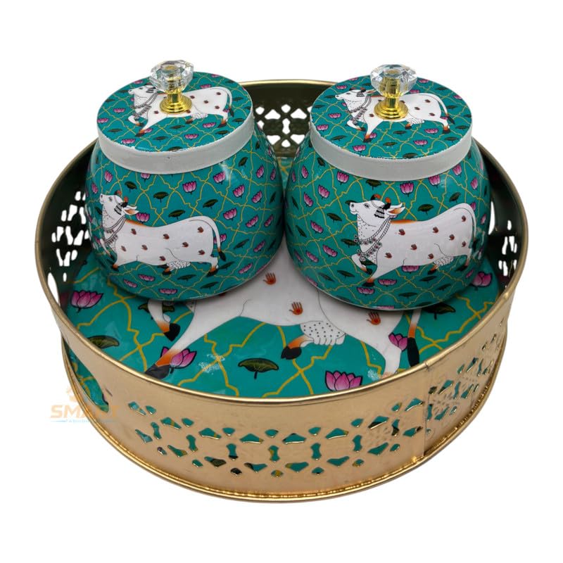 COOPTIC Handcrafted Multicolor Iron Pichwai Tray Set | Ethnic Decorative Trays for Serving, Festive Gifting & Home Décor | Storage jar for Dryfruits & Nuts (Single Green Cow)