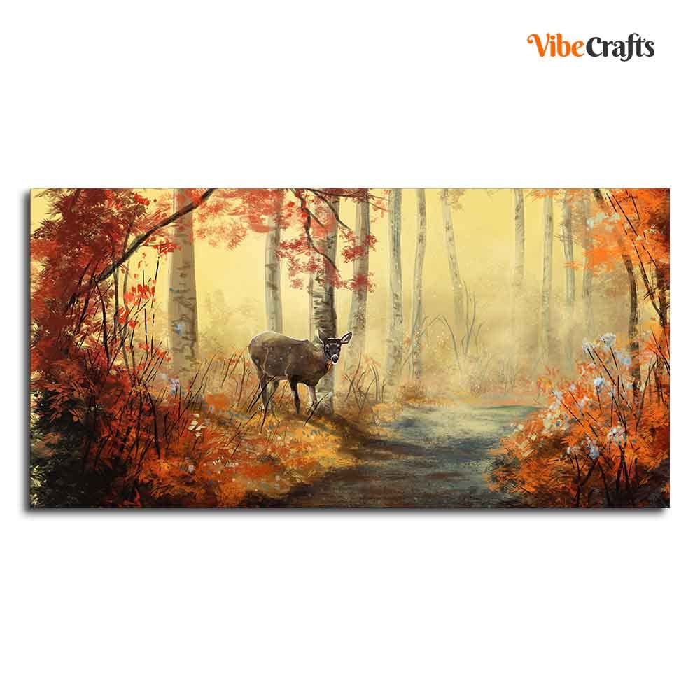 VIBECRAFTS Canvas Paintings for Living Room Drawing Room Beautiful Scenery Deer In Forest Premium Canvas Big Wall Painting Fitted With Wooden Frame for Home | Office | Gift (PTVCH_2337N)