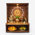 HNA Mangal Beautiful Wooden Pooja Stand for Home, Temple, Office, Wall Mounted Puja Mandir with LED Spot Light, Size (H- 15.5, L- 11.5, W-11 Inch)