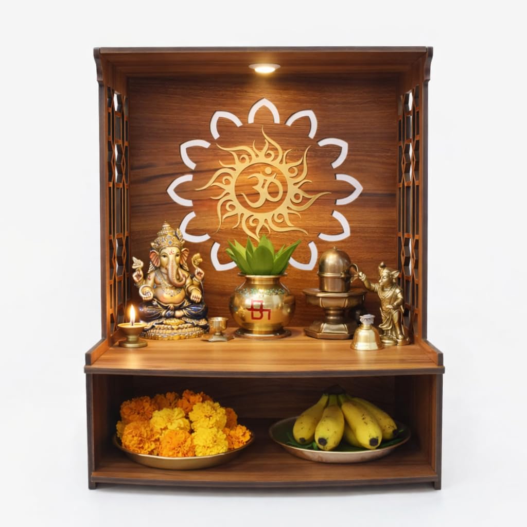 HNA Mangal Beautiful Wooden Pooja Stand for Home, Temple, Office, Wall Mounted Puja Mandir with LED Spot Light, Size (H- 15.5, L- 11.5, W-11 Inch)
