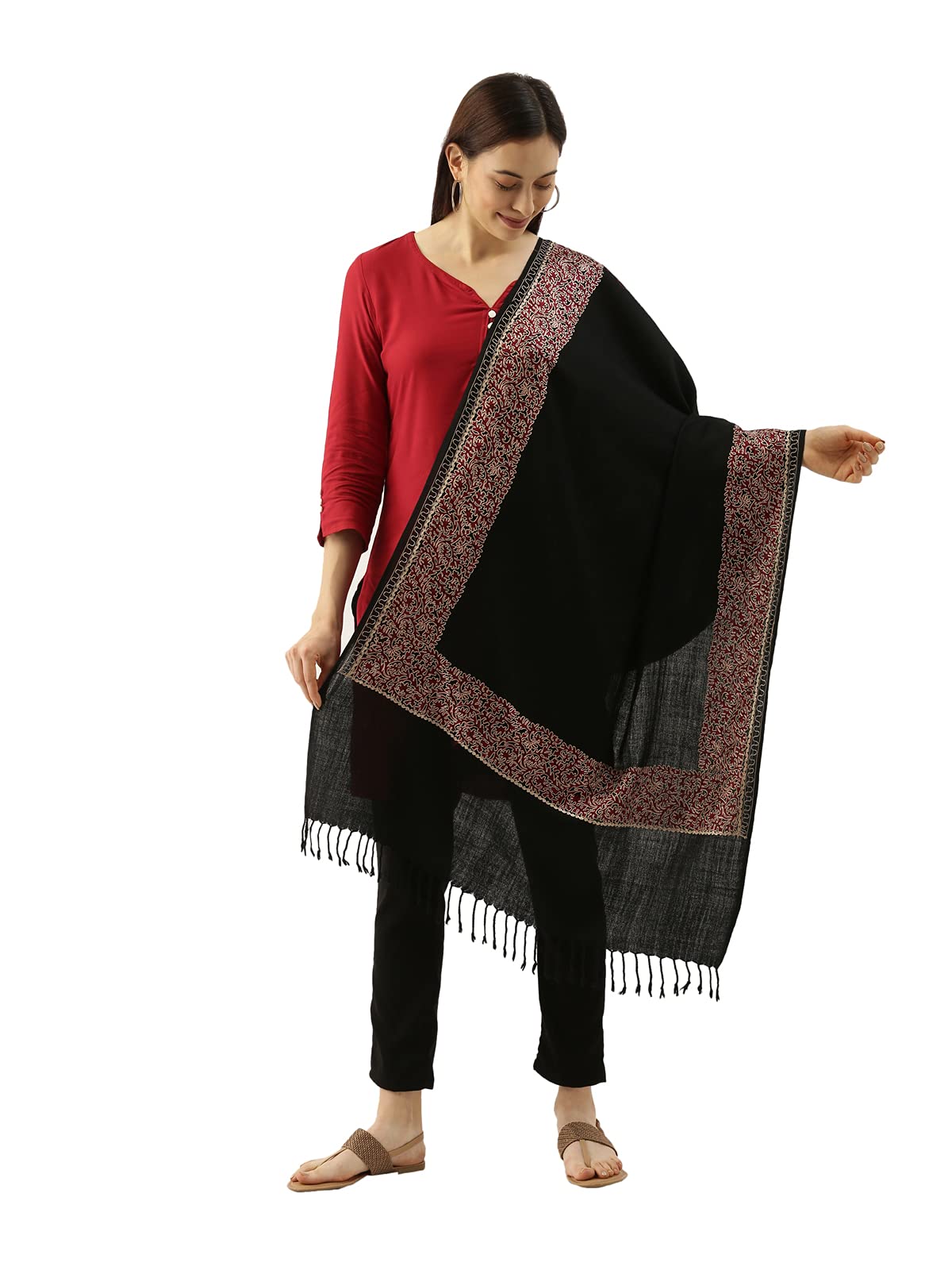 Pashmoda Women’s 100% Pure Wool Nalki Embroidered Stole, Shawl and Wrap, Woolmark Certified, Sustainable and Natural Fabric (Size 28x80)
