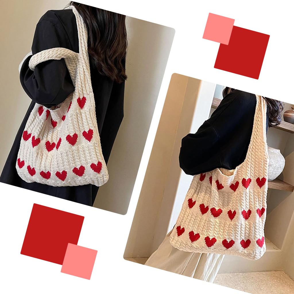 Zibuyu® Crochet Tote Bag, Soft Spacious Knit Design with Red Hearts, Y2K