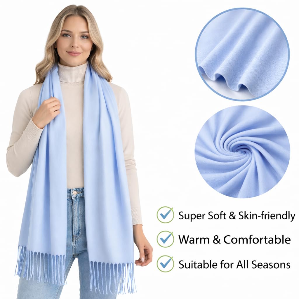 Cindy & Wendy Women's Pashmina Shawl Wrap for Evening Dress Bridesmaid Wedding Bridal Winter Warm Large Soft scarf, Light Blue, One size