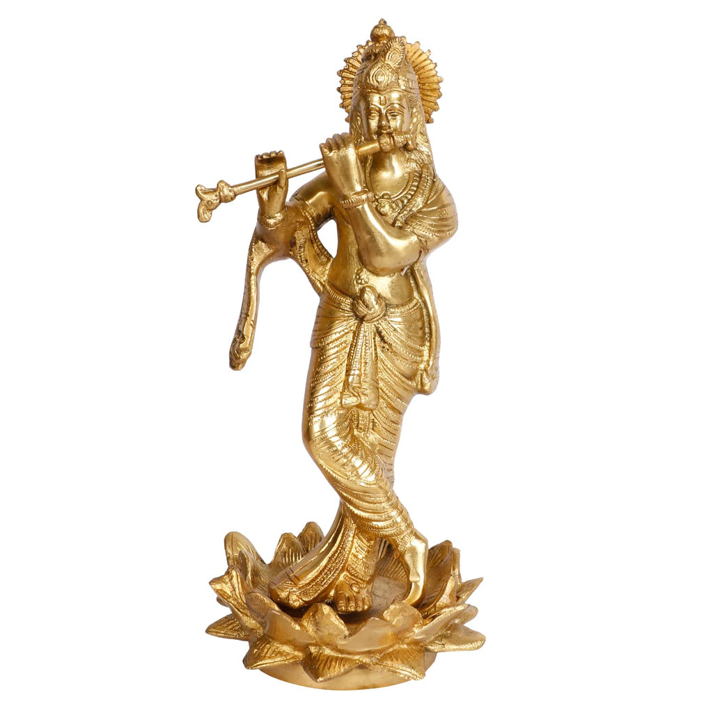 ARTVARKO Brass Krishna Statue Standing on Lotus Playing Flute God Religious Idol Figurine Home Decor Gold Color 11 Inches