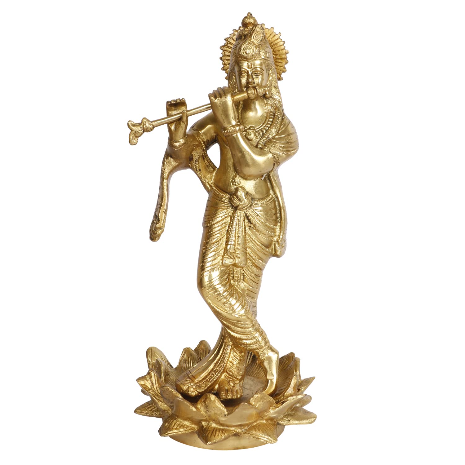 ARTVARKO Brass Krishna Statue Standing on Lotus Playing Flute God Religious Idol Figurine Home Decor Gold Color 11 Inches