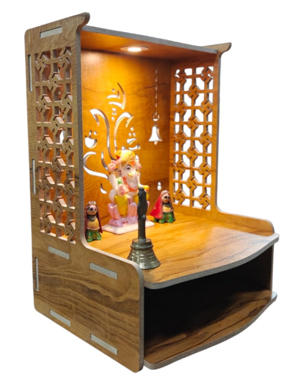 PIXELCRAFTS Wooden Temple Puja Mandir Art and Crafts Temple for Home, Shop, Office with LED SPOT Light (Size – H 15.5X L 11.5 x W 11 inch) (COACHWOODGANPATI)