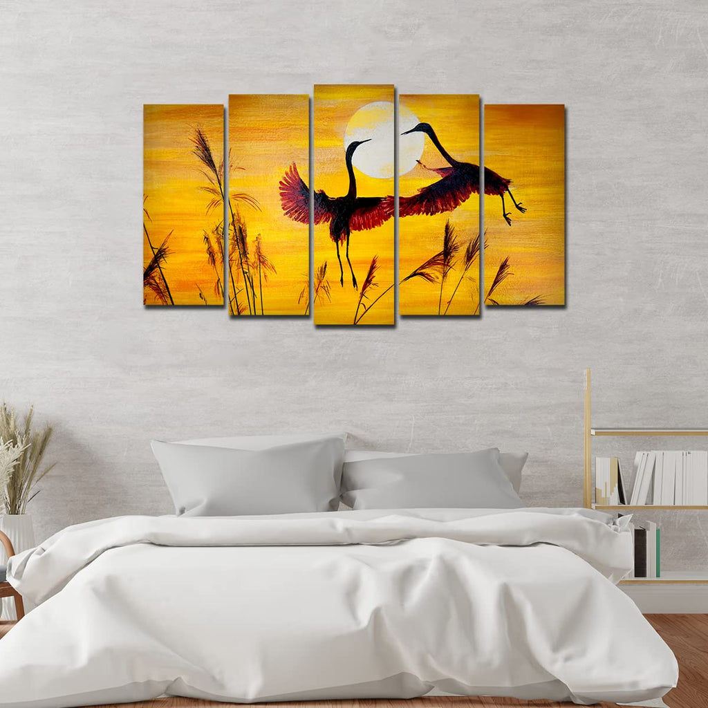 VIBECRAFTS 5 Pieces Flamingos Flying In sunset Canvas Wall Painting For Home|Office|Living Room|Gift (PTVC5Pcs2_6509)