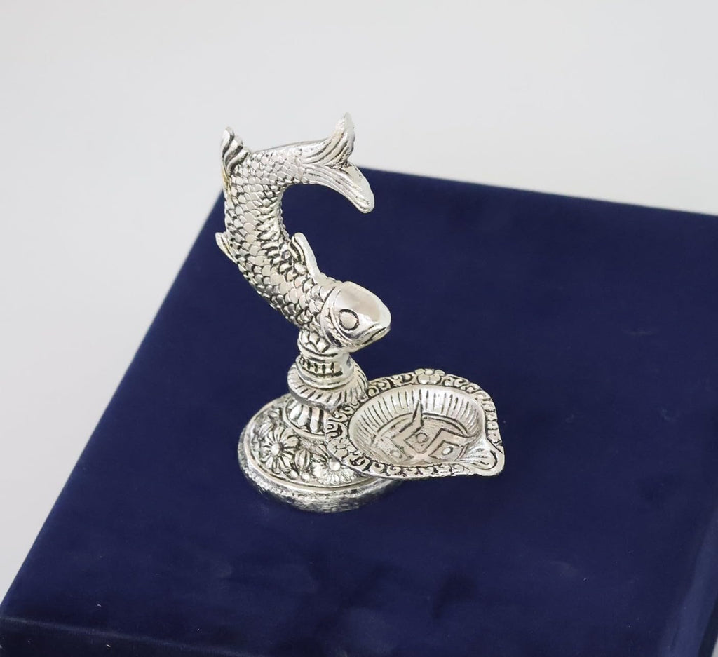 Kridaykraft Fish Diya, Silver, Aluminium, Metallic Silver Finish, 12 cm Height, Traditional Oil Lamp for Puja & Festive Decor