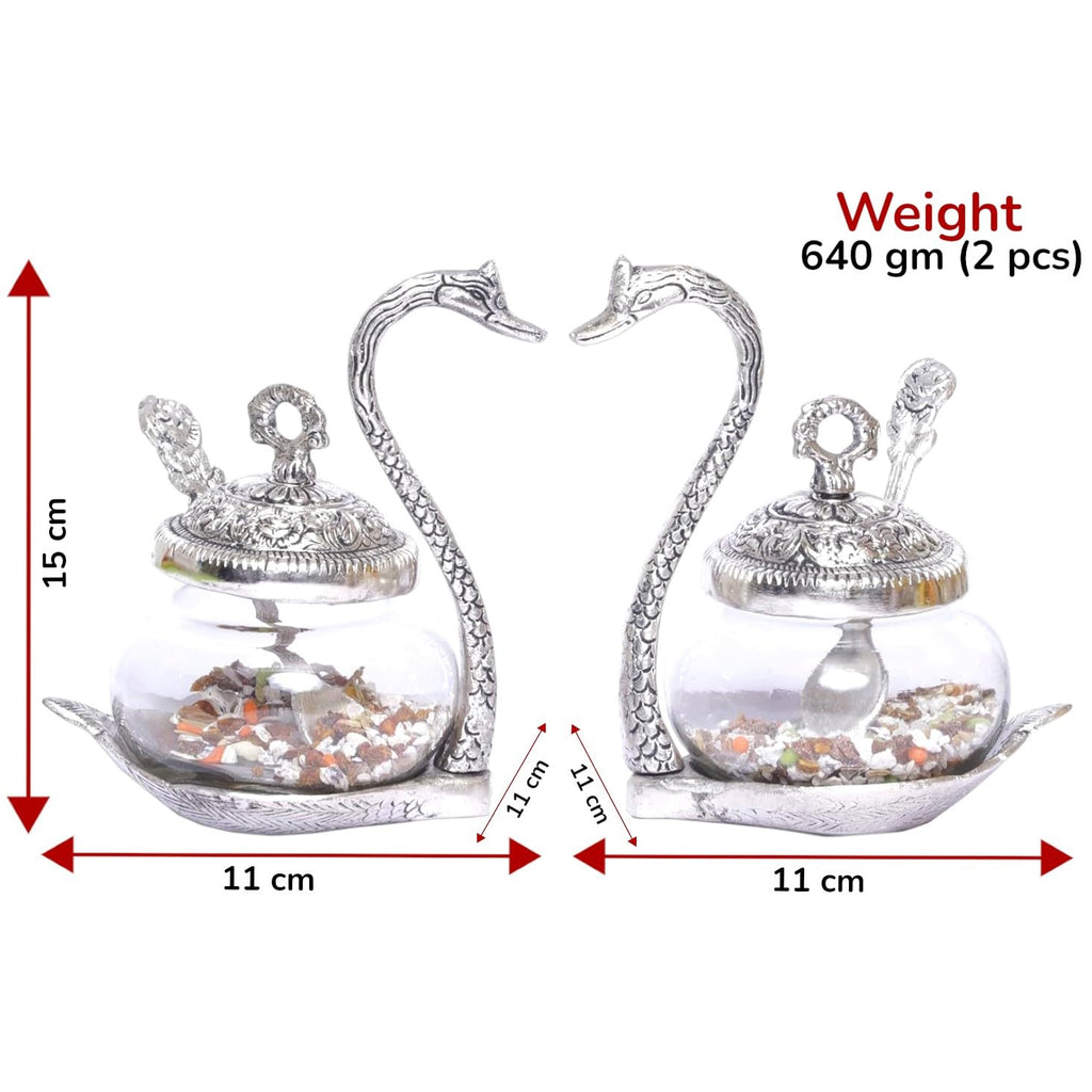 KridayKraft Metal Kissing Swan (Duck) Glass Bowl with Spoon for Saunf Supari Tray, Dry Fruit and Candy,Mukhwas Traditional Serving Bowl Set,Pack of 2 Pieces,Animal Showpiece Figurine & Gifting idol...
