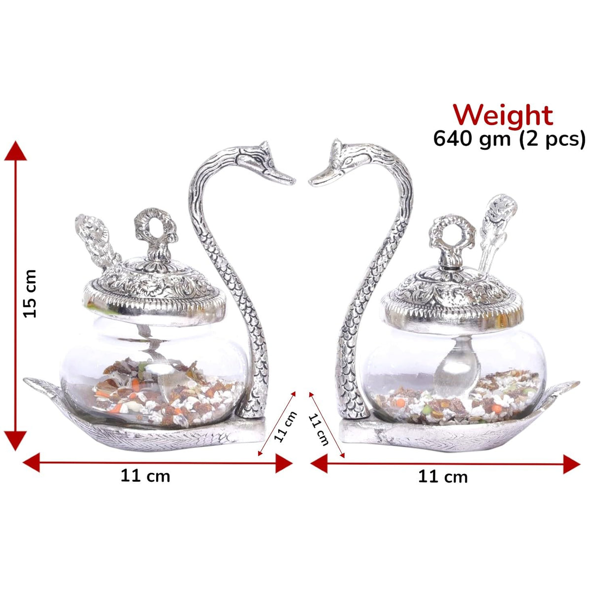 KridayKraft Metal Kissing Swan (Duck) Glass Bowl with Spoon for Saunf Supari Tray, Dry Fruit and Candy,Mukhwas Traditional Serving Bowl Set,Pack of 2 Pieces,Animal Showpiece Figurine & Gifting idol...