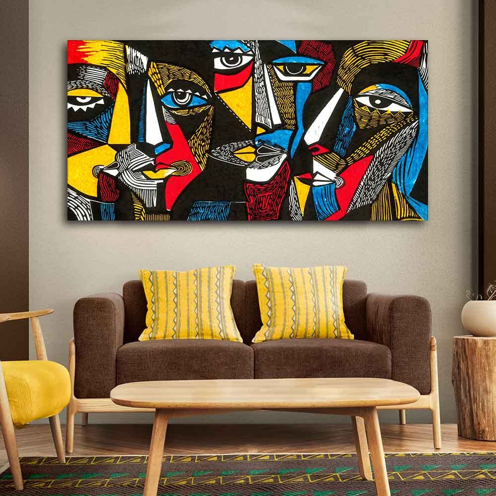 VIBECRAFTS Canvas Paintings for Living Room Drawing Room Colorful Abstract Faces Canvas Wall Painting Fitted With Wooden Frame for Home | Office | Gift (PTVCH_2403)