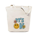 Heu “It’s OK” Smiley Printed Canvas Tote Bag | Cute Aesthetic Reusable Cotton Shoulder Bag | Positive Quote Shopping Tote for Women & Girls