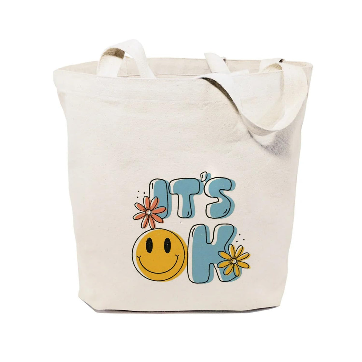 Heu “It’s OK” Smiley Printed Canvas Tote Bag | Cute Aesthetic Reusable Cotton Shoulder Bag | Positive Quote Shopping Tote for Women & Girls