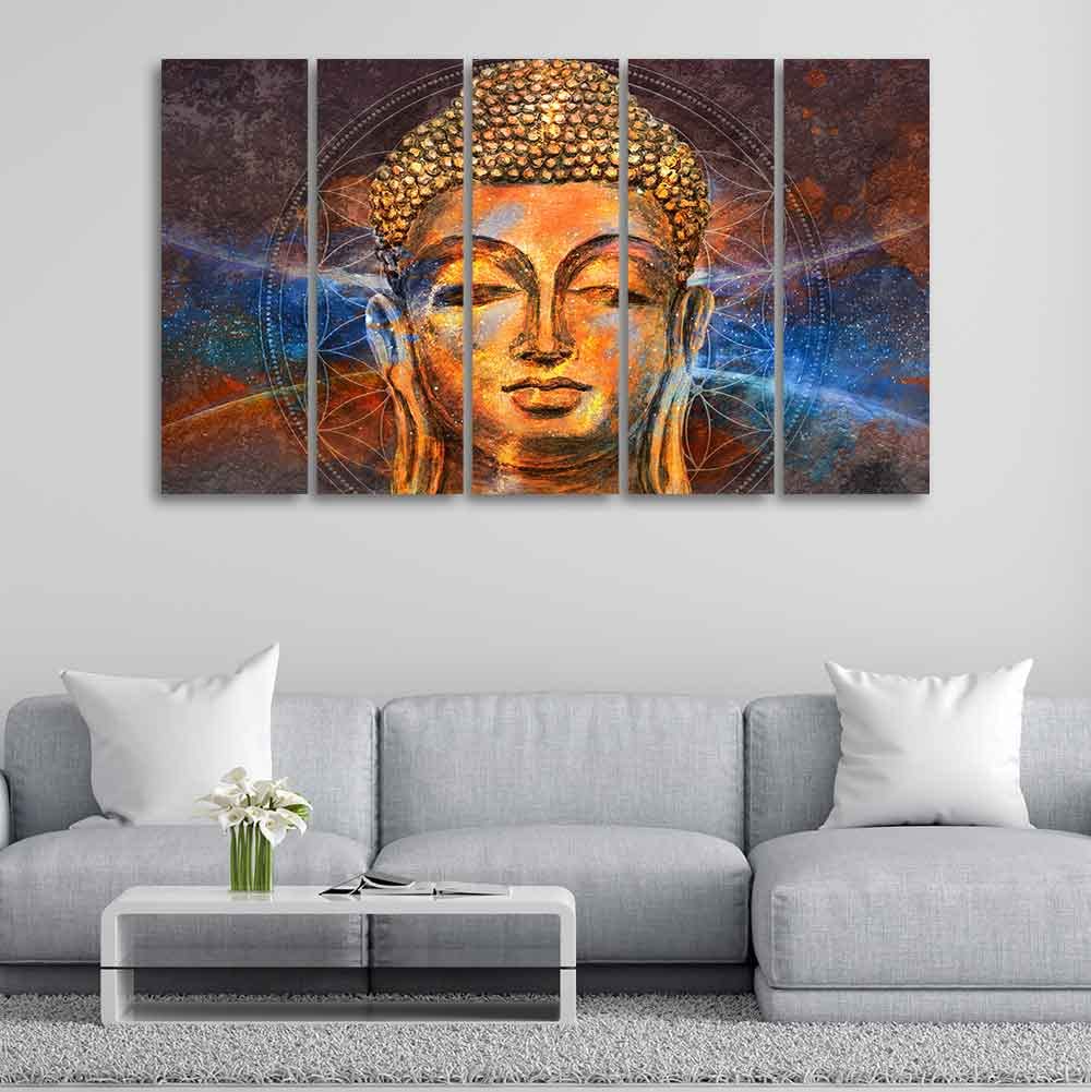 VIBECRAFTS Gautam Buddha Head Wall Painting of Five Pieces For Home|Office|Living Room|Gift (PTVC5Pcs4_8635)