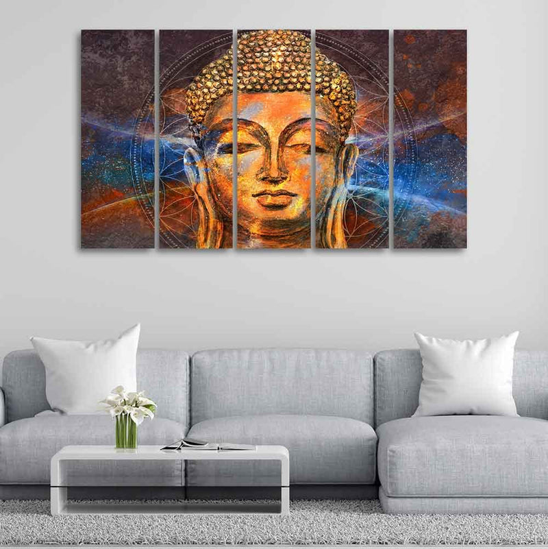 VIBECRAFTS Gautam Buddha Head Wall Painting of Five Pieces For Home|Office|Living Room|Gift (PTVC5Pcs4_8635)