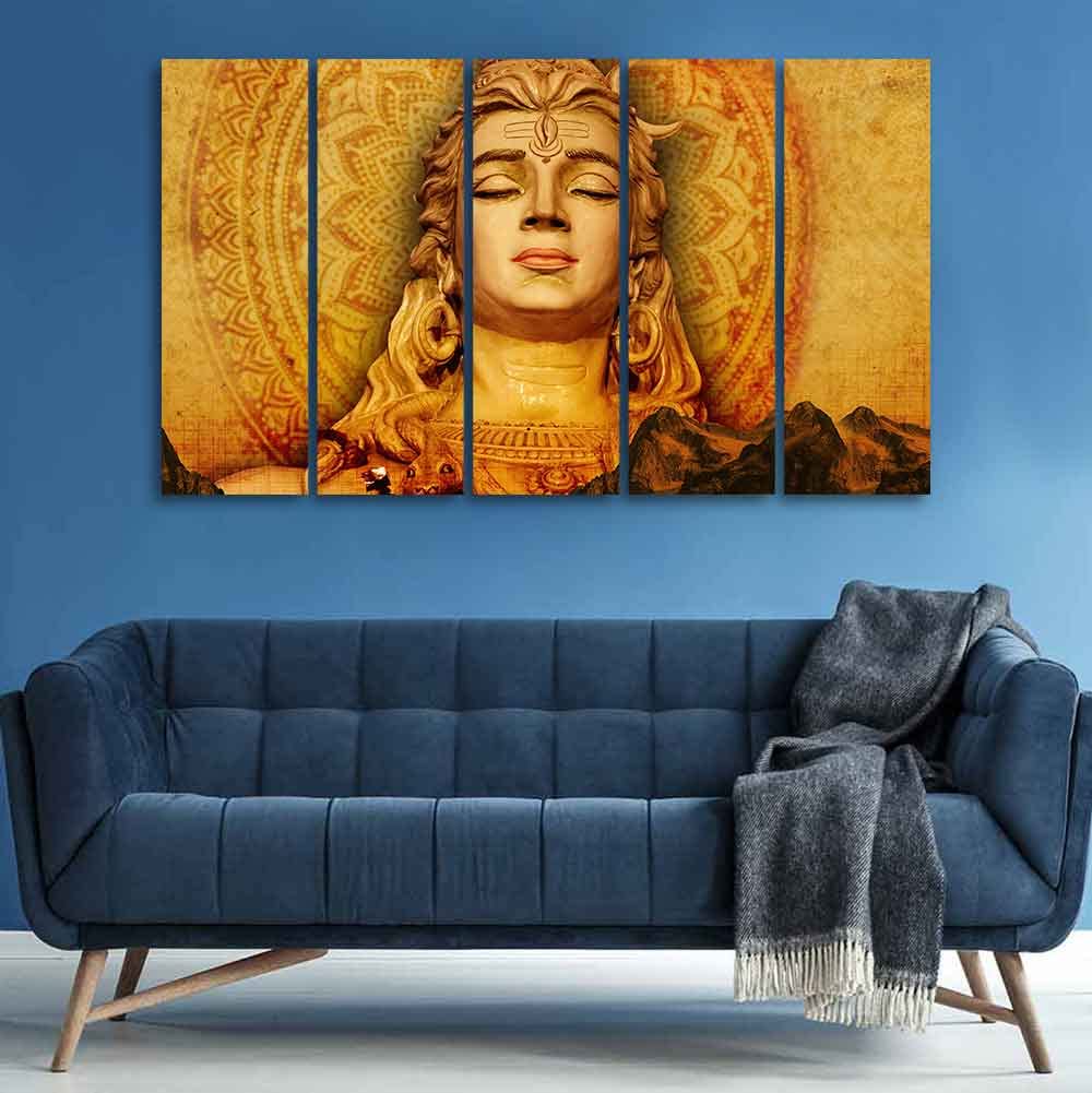 VIBECRAFTS Spiritual Shiva Canvas Wall Painting of Five Pieces For Home|Office|Living Room|Gift (PTVC5Pcs4_8731)