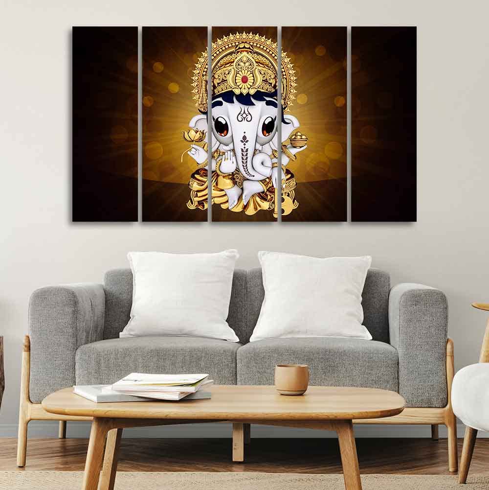 VIBECRAFTS Little Ganesha Premium Wall Painting of Five Pieces For Home|Office|Living Room|Gift (PTVC5Pcs4_8685)