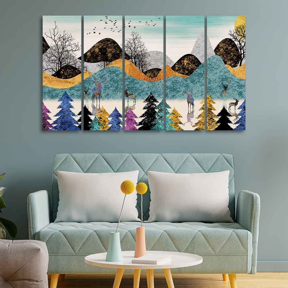 VIBECRAFTS Modern Art Forest Wall Painting Set of Five Pieces For Home|Office|Living Room|Gift (PTVC5Pcs4_8580)