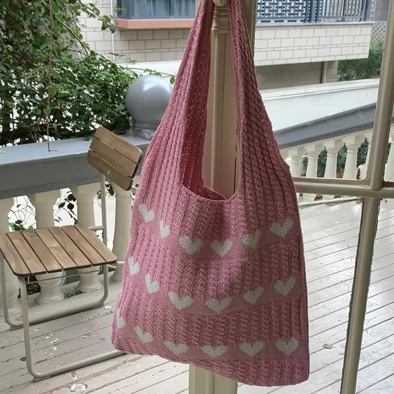 Kawn® Premium Knitted Heart Pattern Tote Bag Large Stylish and Durable Trendy bag for Everyday Use Beach Shopping Travel Work – Comfortable and Trendy Design (Pink)