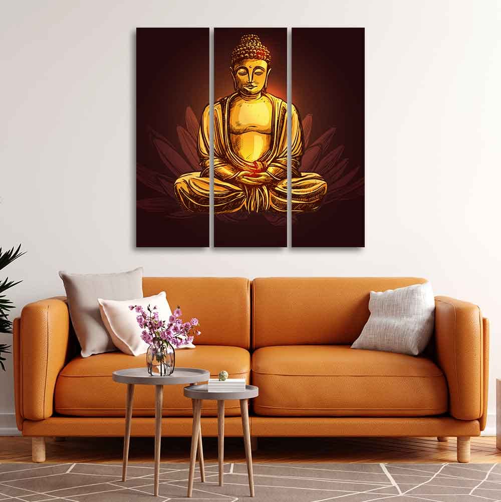 VIBECRAFTS Gautam Buddha 3 Pieces Canvas Wall Painting Fitted With Wooden Frame For Home | Office | Living Room | Gifts (PTVC3Pcs1_9507)