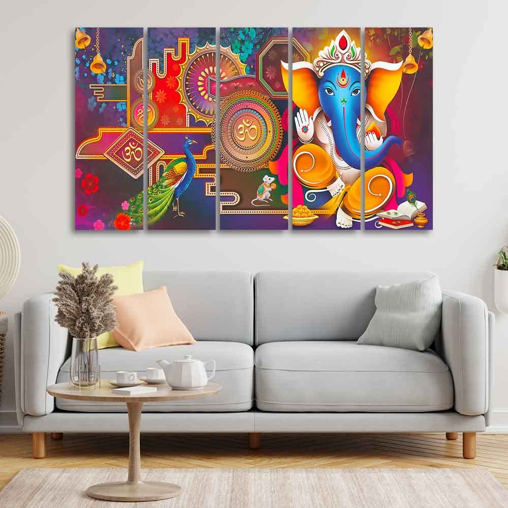 VIBECRAFTS Ganesha Canvas Wall Painting of Five Pieces For Home|Office|Living Room|Gift (PTVC5Pcs4_8674)