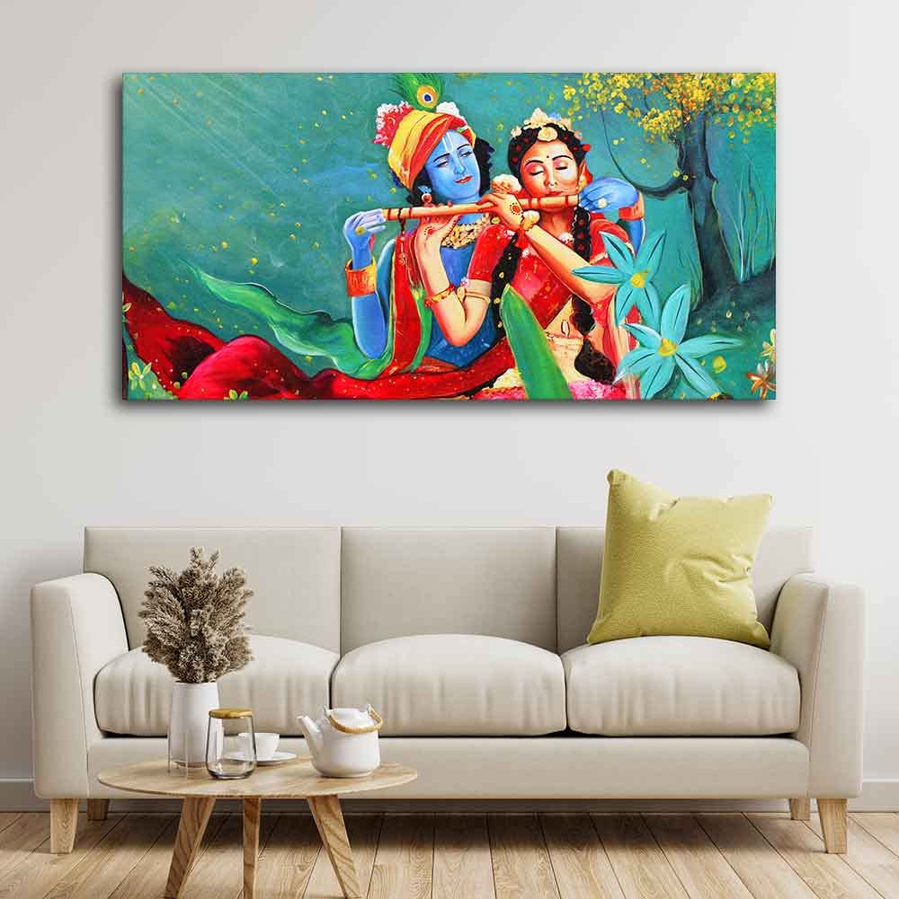 VIBECRAFTS Canvas Paintings for Living Room Drawing Room Abstract Art Radha Krishna Canvas Wall Painting Fitted With Wooden Frame For Home | Office | Living Room | Gift (PTVCH_2477)