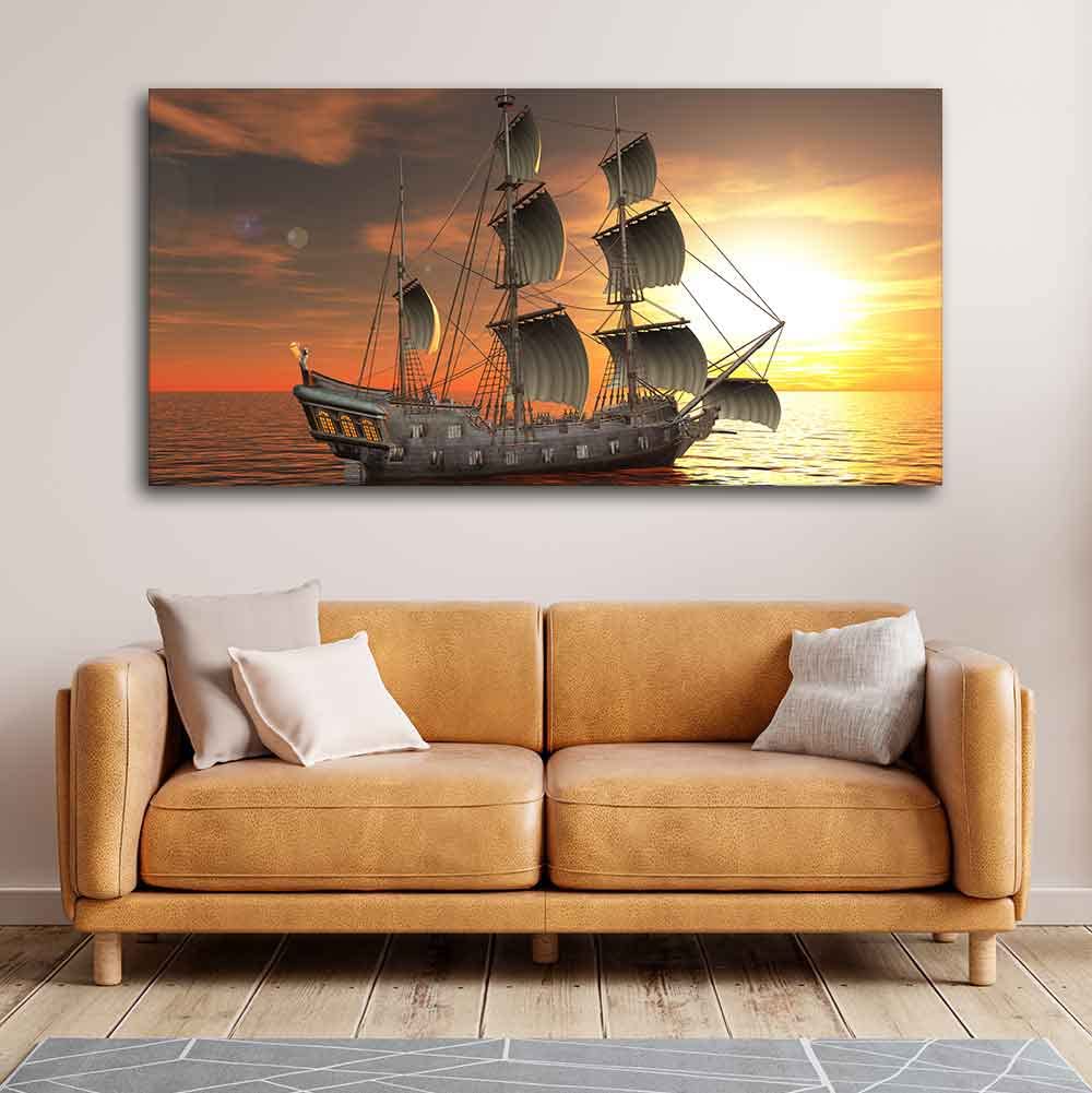VIBECRAFTS Homcraft 3D Sailing Ship in Sunset Premium Canvas Wall Painting With Frame for Living Room Drawing Room Home|Office|Gift (PTVCH_2222)