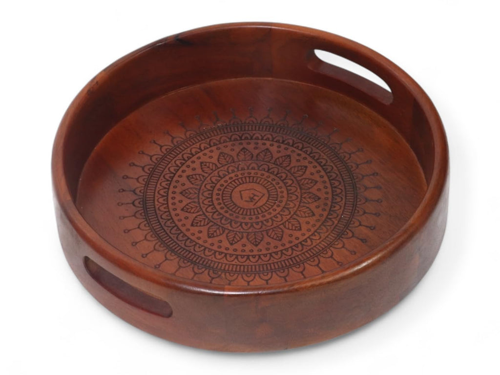 Vesta Homes Premium Wood Round Serving Tray for Home/Kitchen/Restaurant/Office Organizer/Dining Table | Premium Serving Trays | 30.5 x 30.5 x 5 cm | Handcrafted in India