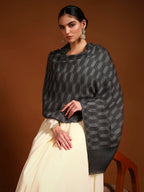 Pashmoda Women 100% Pure Wool Ikat Checkered Stole, Scarf, Wrap, Sustainable and Natural Fabric, Luxury Heritage Pashmina Gift, Evening Stole (Size 28x80 Inches, Dark Grey 2) CHST04