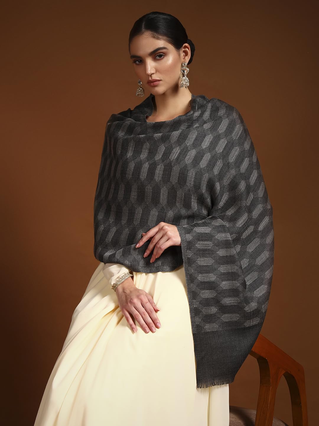 Pashmoda Women 100% Pure Wool Ikat Checkered Stole, Scarf, Wrap, Sustainable and Natural Fabric, Luxury Heritage Pashmina Gift, Evening Stole (Size 28x80 Inches, Dark Grey 2) CHST04