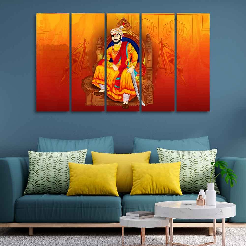 VIBECRAFTS Indian Warrior Chhatrapati Shivaji Maharaj Wall Painting of Five Pieces For Home|Office|Living Room|Gift (PTVC5Pcs4_8733)