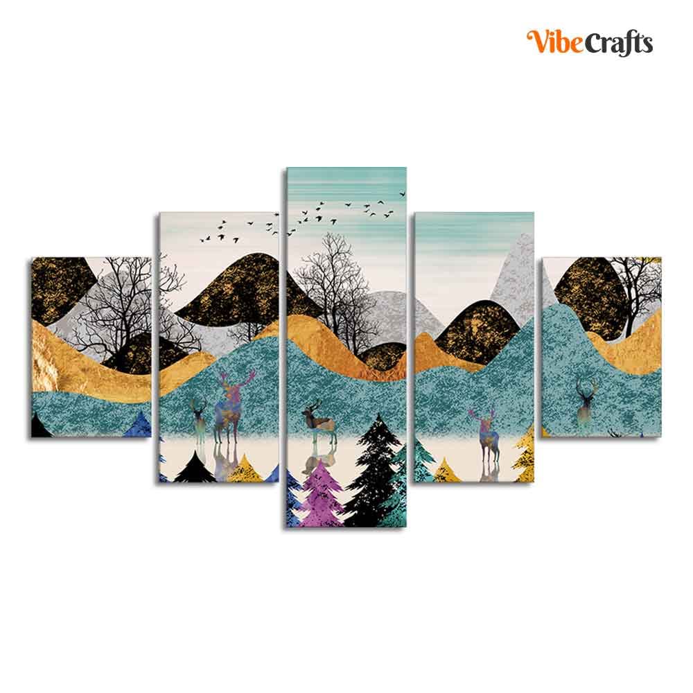 VIBECRAFTS Modern Art Forest Premium Wall Painting Five Pieces Set For Home|Office|Living Room|Gift (PTVC5Pcs1_5531)