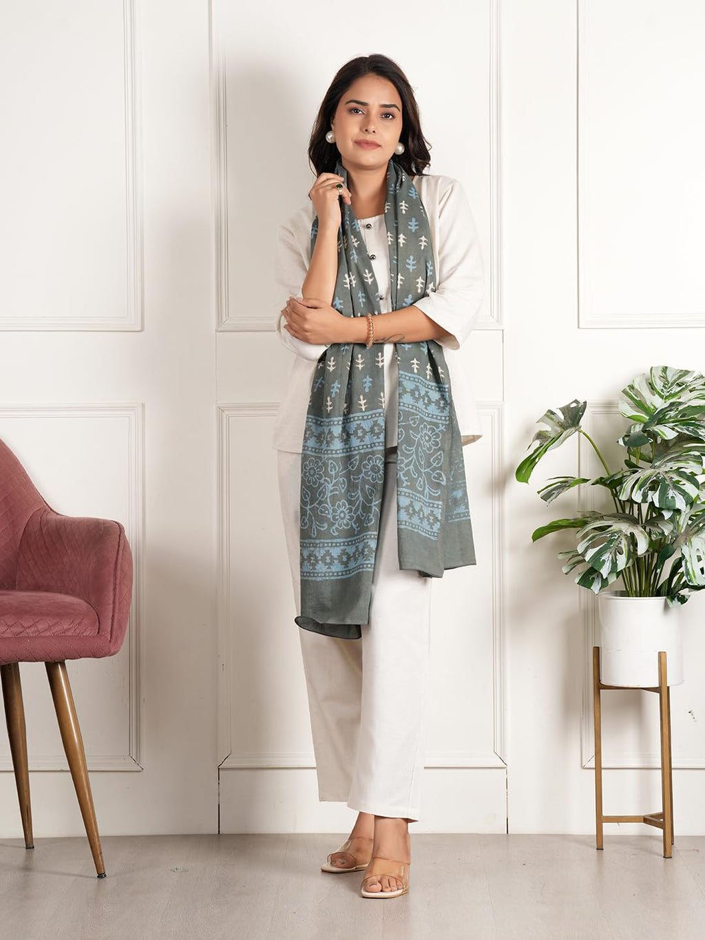 RAI SAHAB Printed Cotton Scarf for Women, Lightweight Soft Scarves Stoles for Summer & Winter(ST-91GREY10)