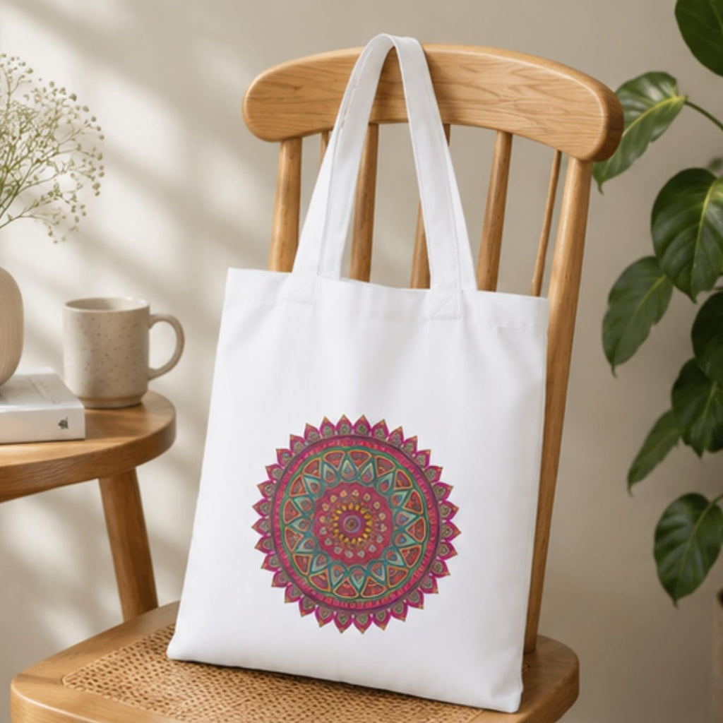 Adorvue Premium Reusable Colourful Mandala Printed Tote Bag Stylish Eco-Friendly Cotton Handbags, Canvas Bags for College, Shopping, Office, Travel, Grocery Runs, Beach Day and Casual Outing Pack of 2