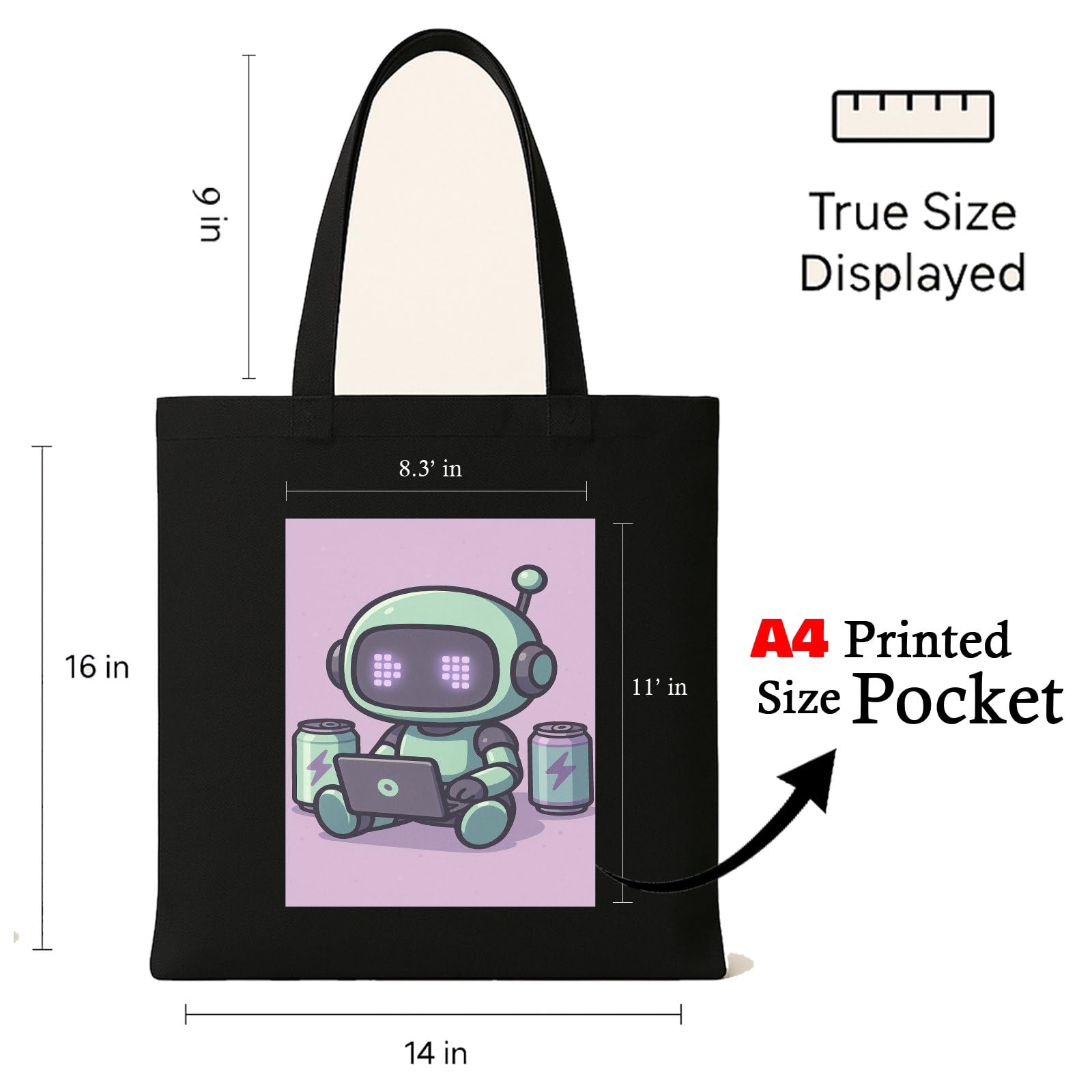 Kirmada Black Cotton Tote Bag | Recharge Mode Robot Design | Cute Tech & Gamer Tote for College, Office & Shopping | Zipper Closure | Reusable Eco Friendly Cotton Bag | Gift for Coders & AI Lovers