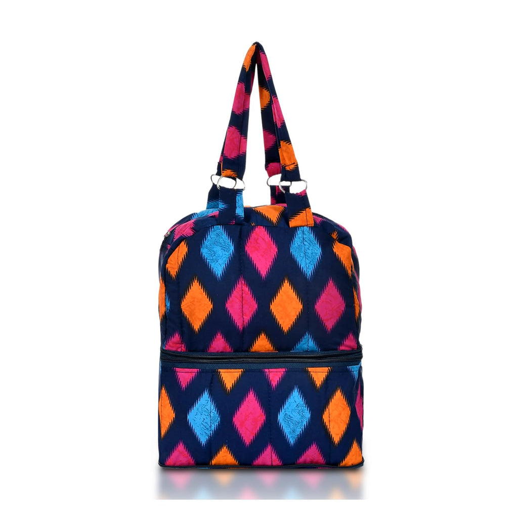 Kuber Industries Hand Bag | Cotton Folding Storage Bag | Zig Zag Print Storage Shopping Bag | 2 Compartment Toiletry Bag with Handle | Blue