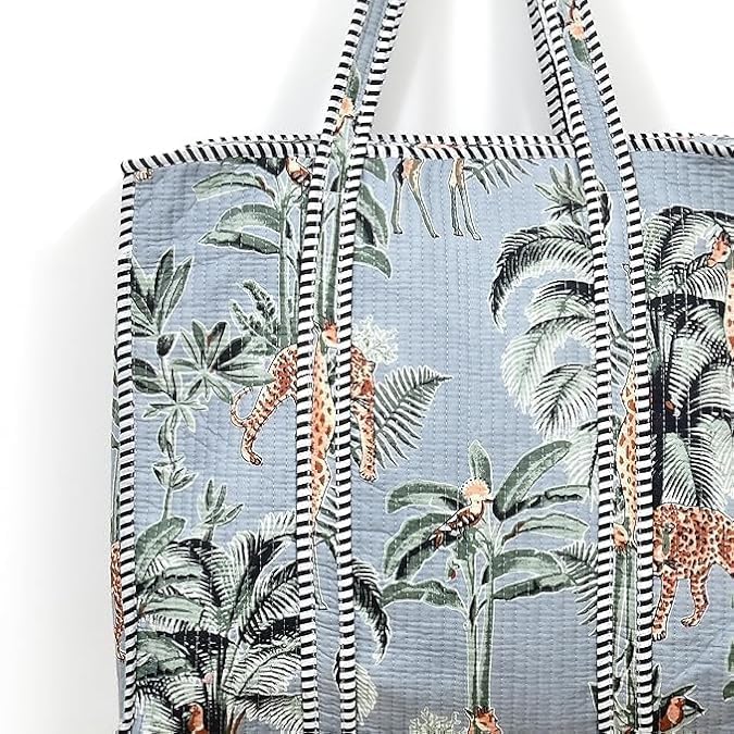 Cotton Quilted Tote Bag for Women, Jungle Print Handbag, Reusable Shoulder Bag with Dual Handles, Lightweight Travel Shopping Tote, Large Capacity Everyday Carry Bag - (Grey flower bag, 15×15 In)