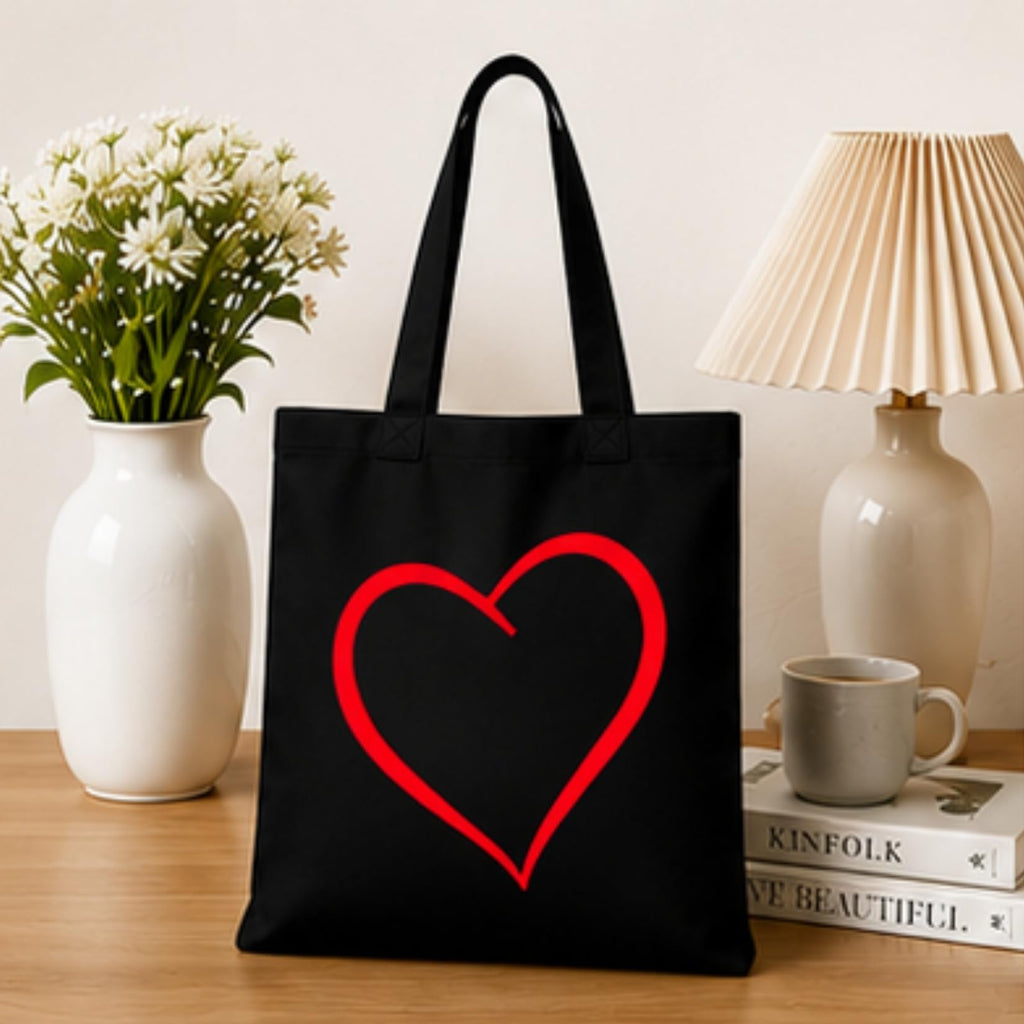 Adorvue New Launch Black Canvas Tote Bag for Women with Minimalist Red Heart Print Art | Premium Cotton Reusable Shopping Shoulder Bag | Cute Eco-Friendly Tote for College, Office, Travel & Daily Use