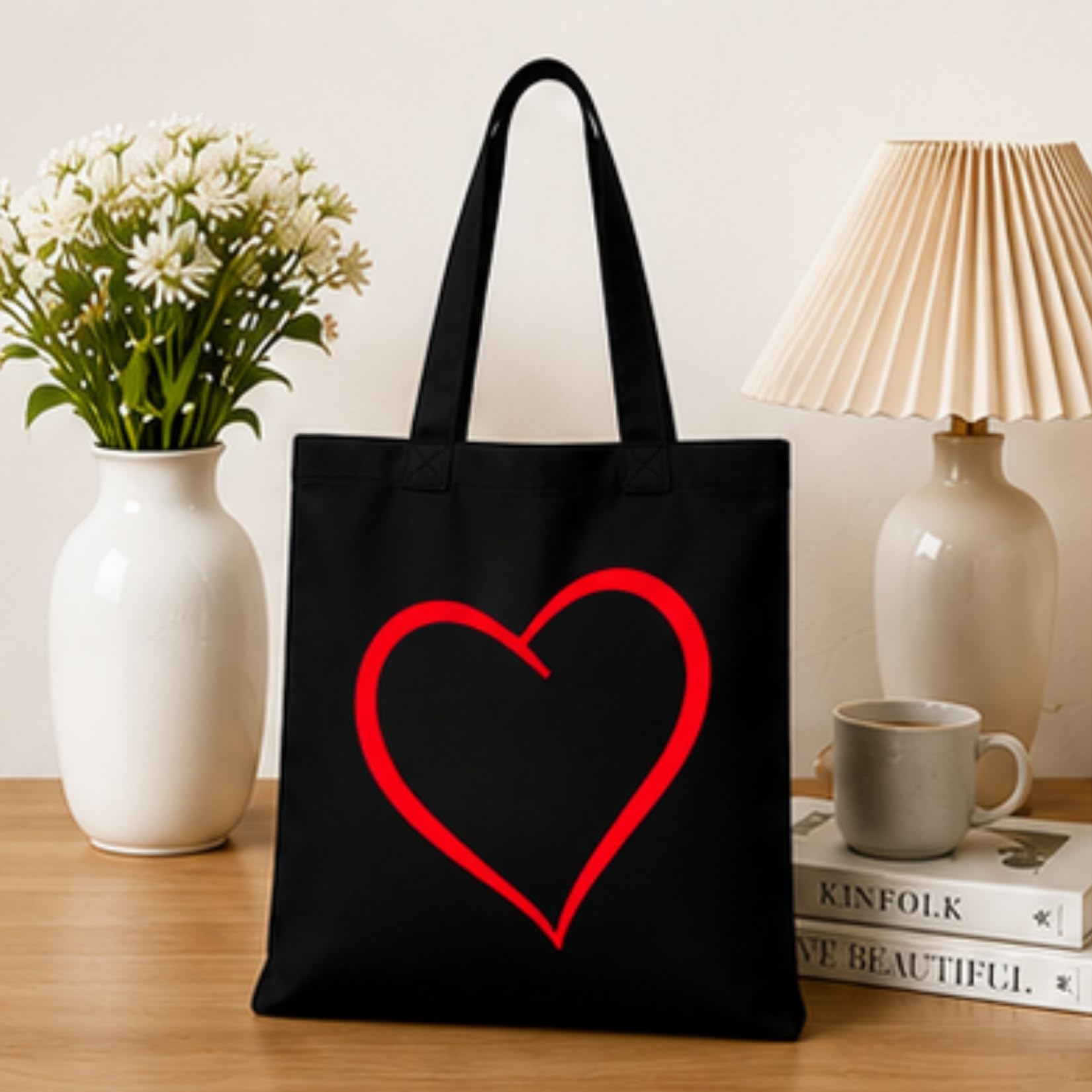 Adorvue New Launch Black Canvas Tote Bag for Women with Minimalist Red Heart Print Art | Premium Cotton Reusable Shopping Shoulder Bag | Cute Eco-Friendly Tote for College, Office, Travel & Daily Use