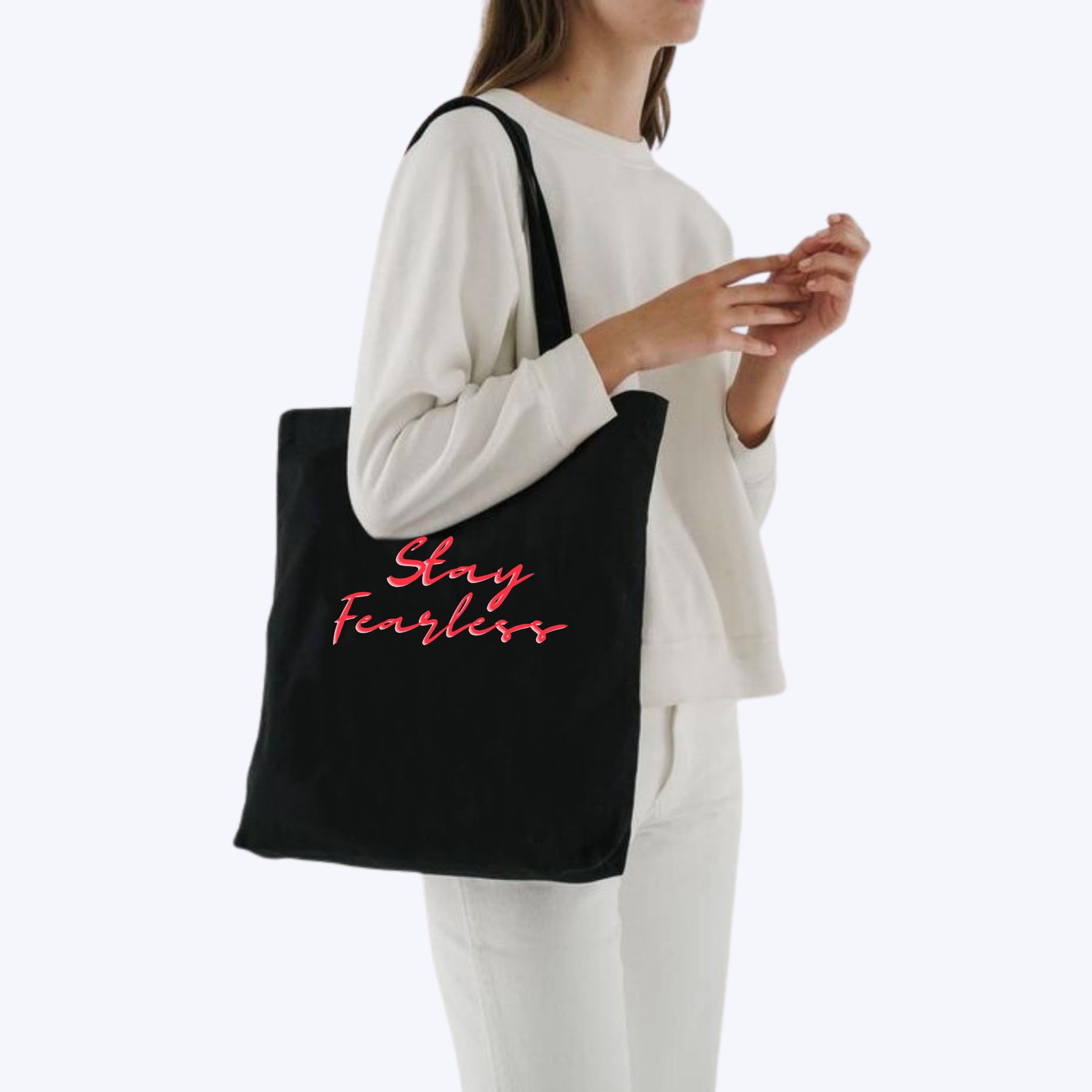 Peach Blossom Reusable Zipper With Pouch Tote Bags, 100% Cotton Shopping/Grocery Bag, Multi-Purpose Bag 5kgs Capacity, 2 Pack (Cbag_BlkStayFear_BlkLineFlow)