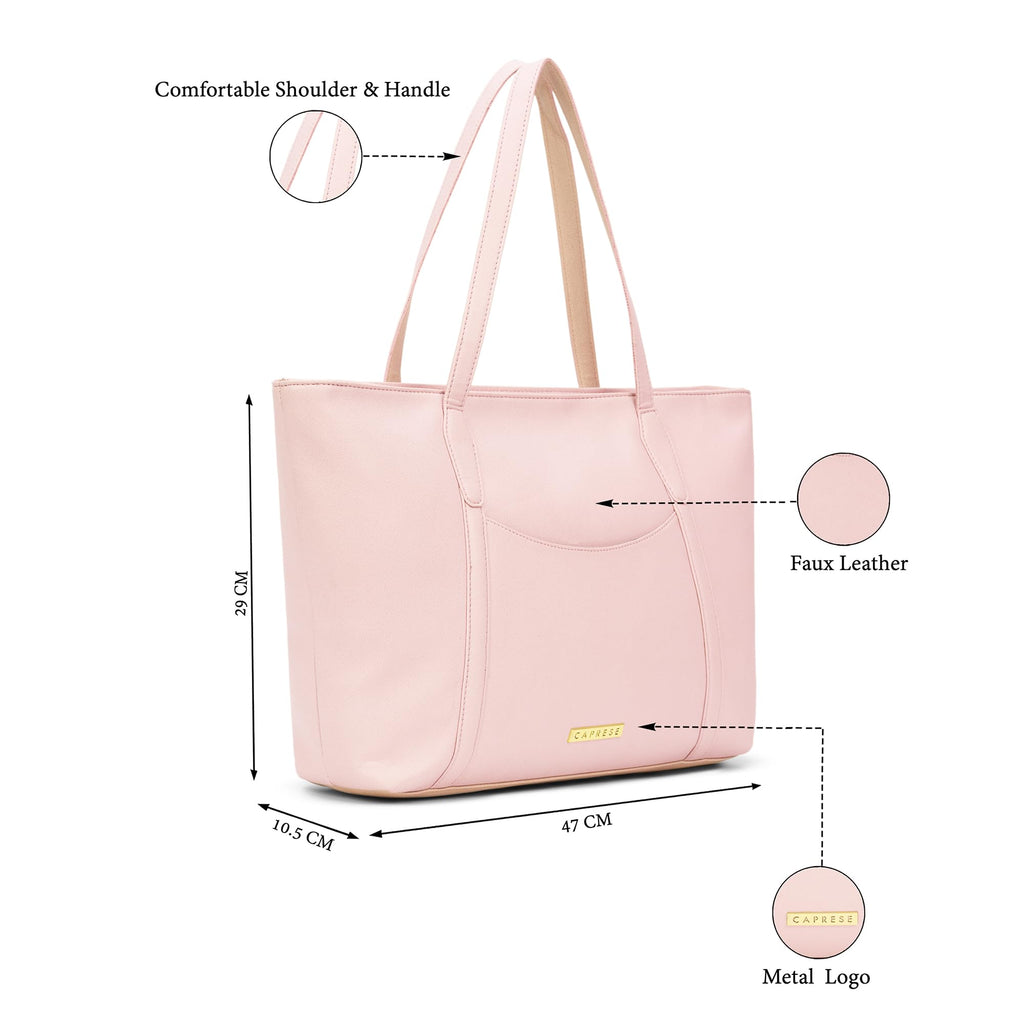 Caprese Jimny Horizontal 16 Inch Laptop Compatible Large Tote Bag for Women with Comfortable Straps | Stylish Shoulder & Handheld Bag | Multi-Compartment Design for Work, Travel (Powder Pink)