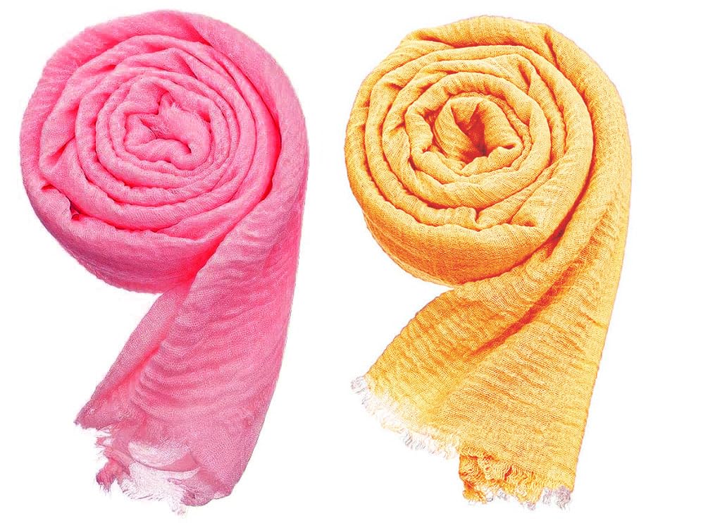 ICW Women's UV Protection Light Weight Wrinkle Ironless Crinkle Cotton Hemp Summer Scarf Stoles Shawl head scarves for girls (Pack of 2) (Pink-Yellow)