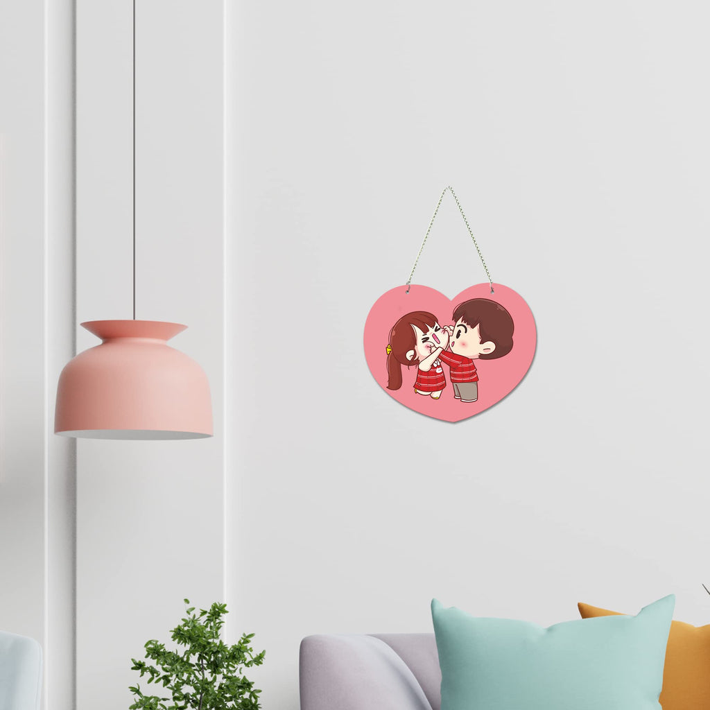 Artvibes Cute Cartoon Couple Heart Shaped Wooden Wall Hanger for Home Decor | Living Room | Office | Wall Art Painting For Hall | Graphic Artwork | Wall Art Print | Unique Gift Items (WH_5502NN)